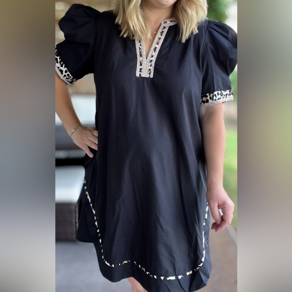 entro Black Midi Dress with Leopard Trim